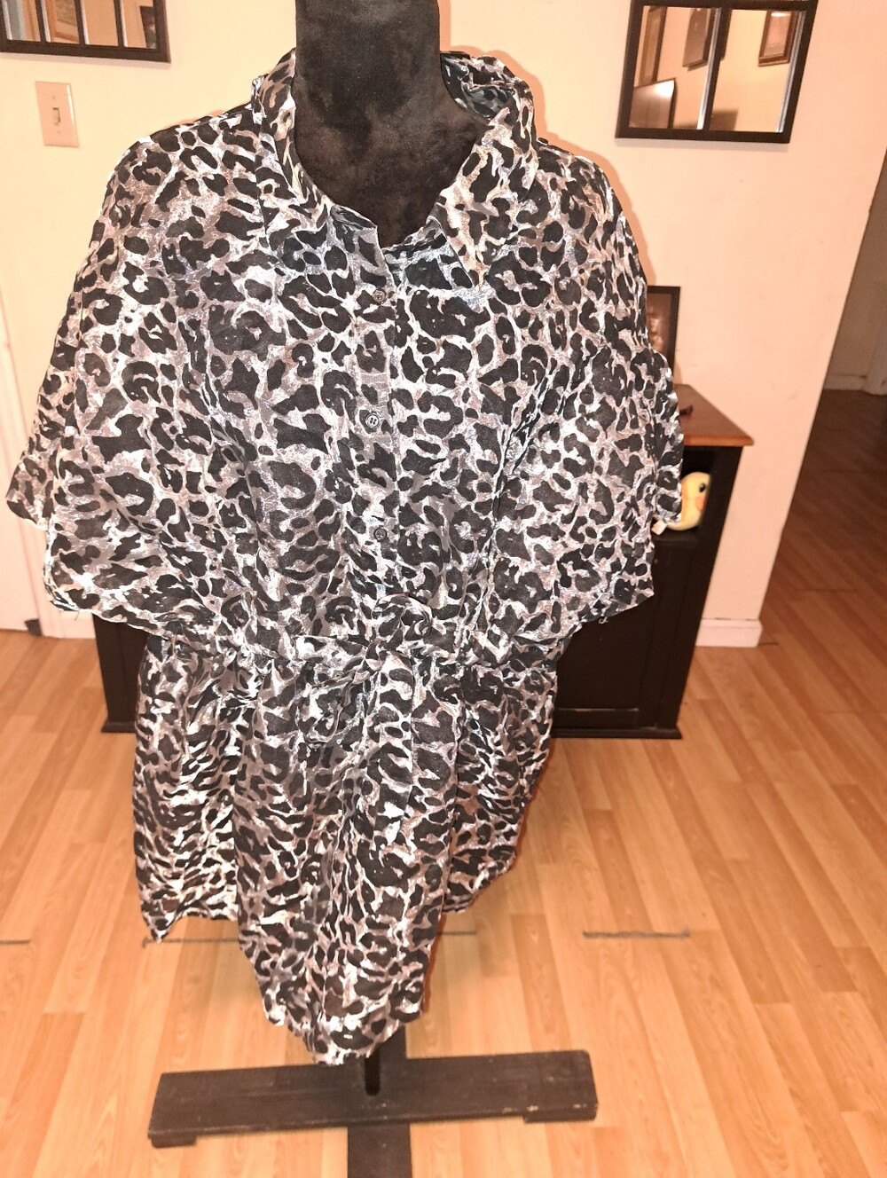 3XL SheIn Curve Short Sleeve Silver Black Semi Sheer Blouse Shirt Animal Print